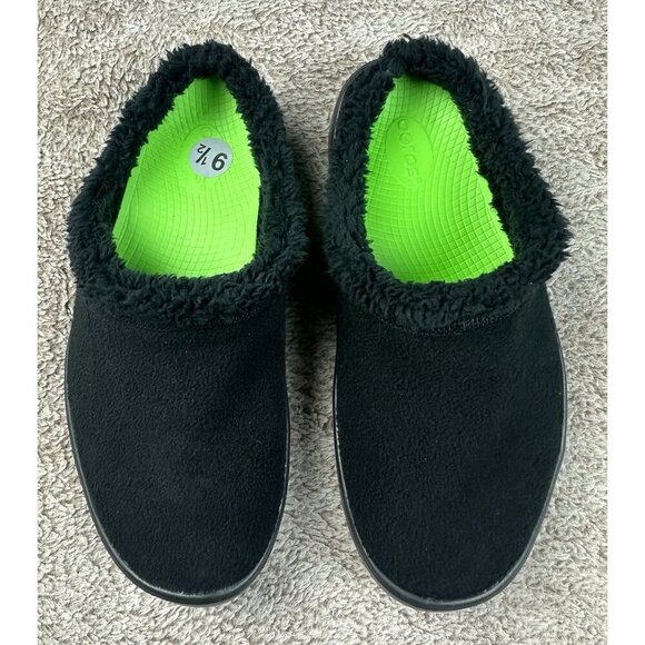 Oofos Oocoozie Black Mule Sherpa Fuzzy Recovery Slippers Men\'s Size 9.5 NWOB